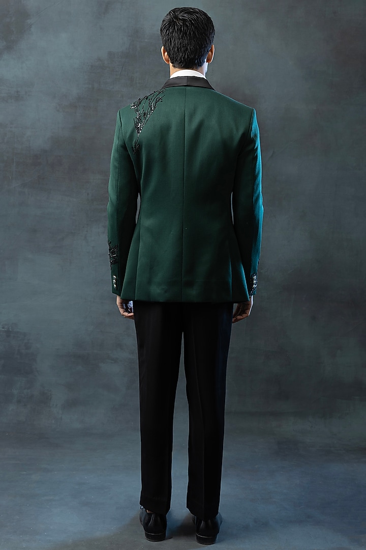 Dark Green Suiting Fabric Embroidered Tuxedo Set by Sarab Khanijou at Pernia's Pop Up Shop