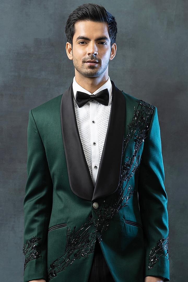 Dark Green Suiting Fabric Embroidered Tuxedo Set by Sarab Khanijou at Pernia's Pop Up Shop