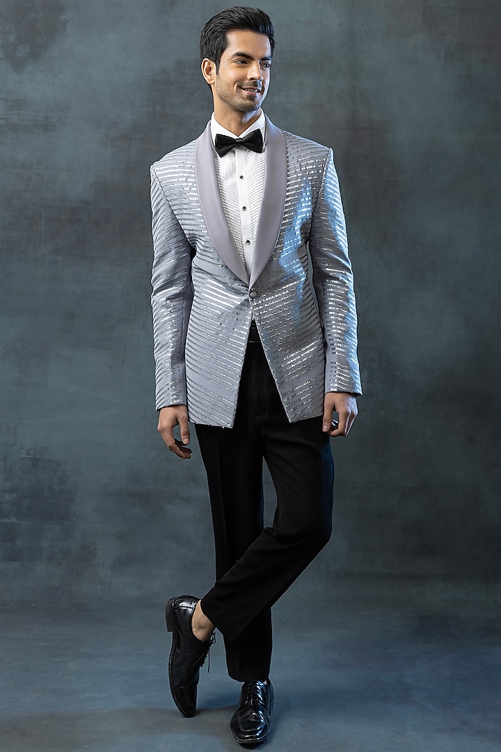 Grey Suiting Fabric Embroidered Tuxedo Set by Sarab Khanijou