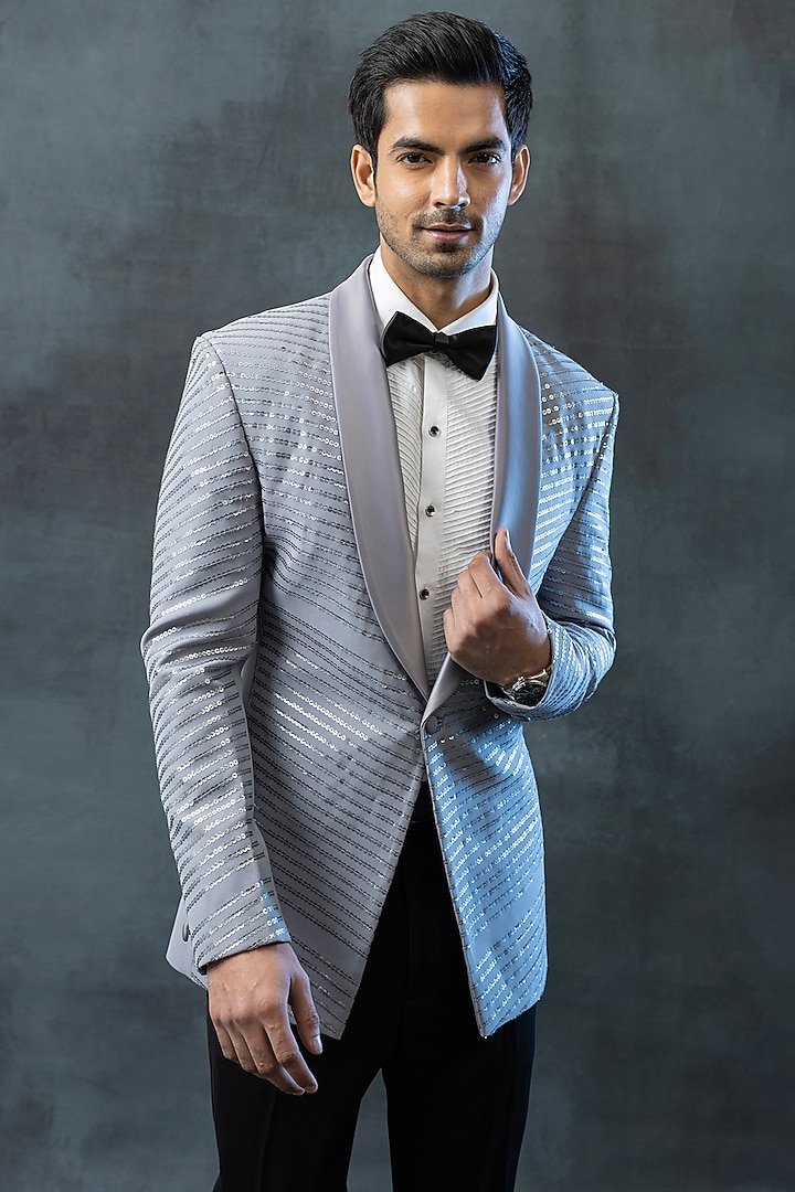 Grey Suiting Fabric Embroidered Tuxedo Set by Sarab Khanijou at Pernia's Pop Up Shop