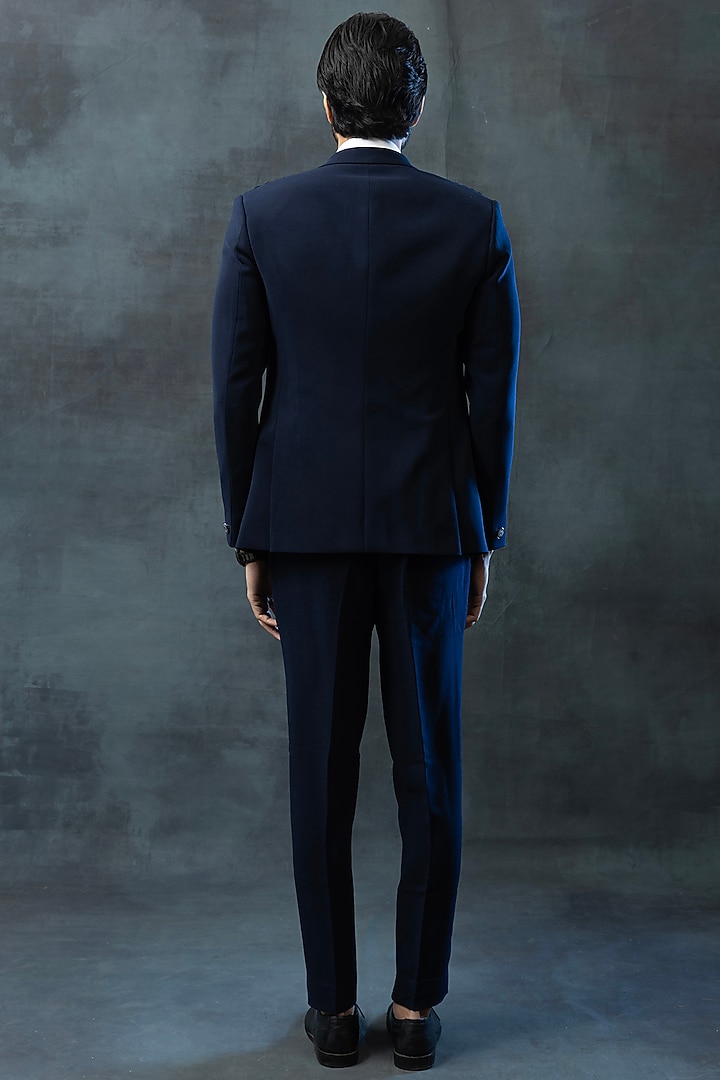 Blue Sandwash Embroidered Tuxedo set by Sarab Khanijou at Pernia's Pop Up Shop