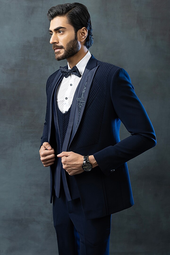 Blue Sandwash Embroidered Tuxedo set by Sarab Khanijou at Pernia's Pop Up Shop