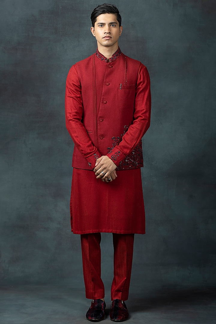 Red Silk Embroidered Waistcoat With Kurta Set by Sarab Khanijou