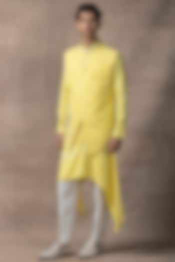 Lemon Yellow Moss Crepe Embroidered Waistcoat With Kurta Set by Sarab Khanijou