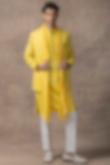 Mustard Moss Crepe Waistcoat With Kurta Set by Sarab Khanijou