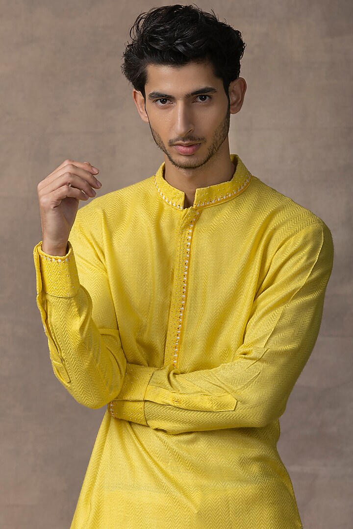 Mustard Moss Crepe Waistcoat With Kurta Set by Sarab Khanijou at Pernia's Pop Up Shop