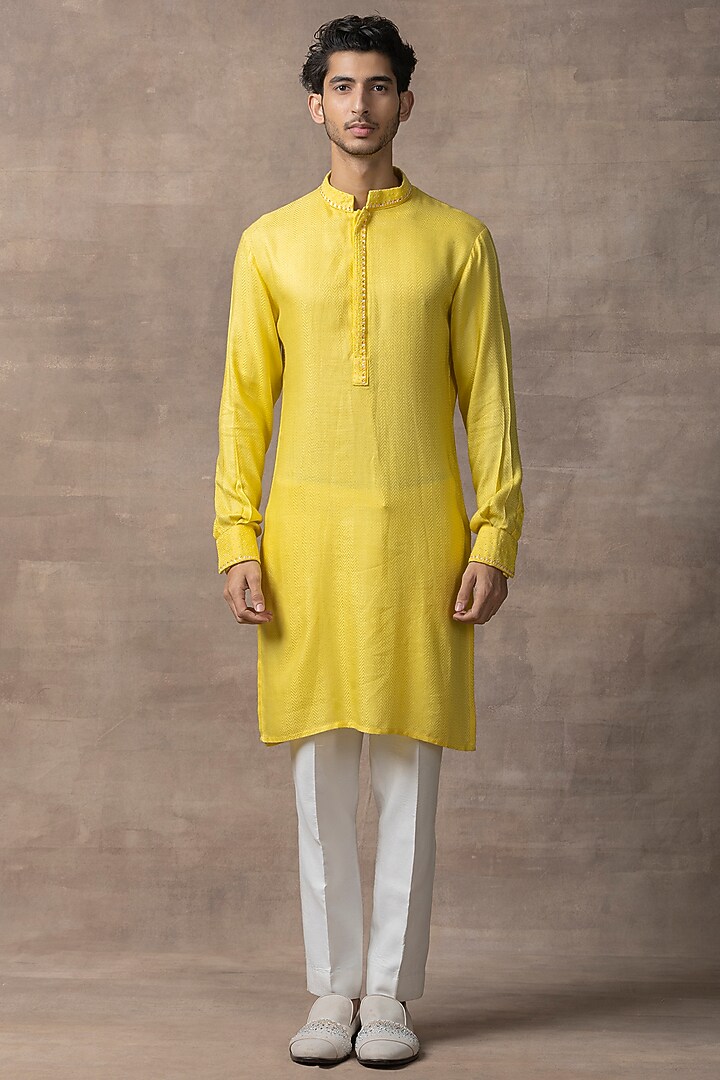 Mustard Moss Crepe Waistcoat With Kurta Set by Sarab Khanijou at Pernia's Pop Up Shop