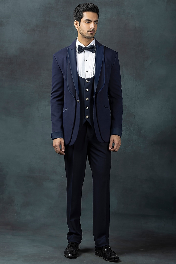 Navy Blue Jersey Tuxedo Set by Sarab Khanijou