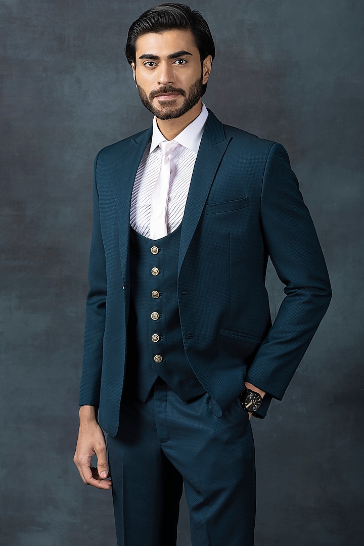 Teal Suiting Fabric Blazer Set by Sarab Khanijou at Pernia's Pop Up Shop
