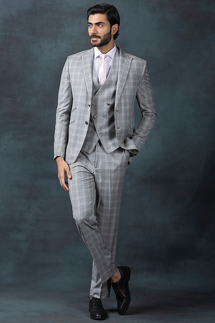 Grey Suiting Fabric Checkered Blazer Set by Sarab Khanijou