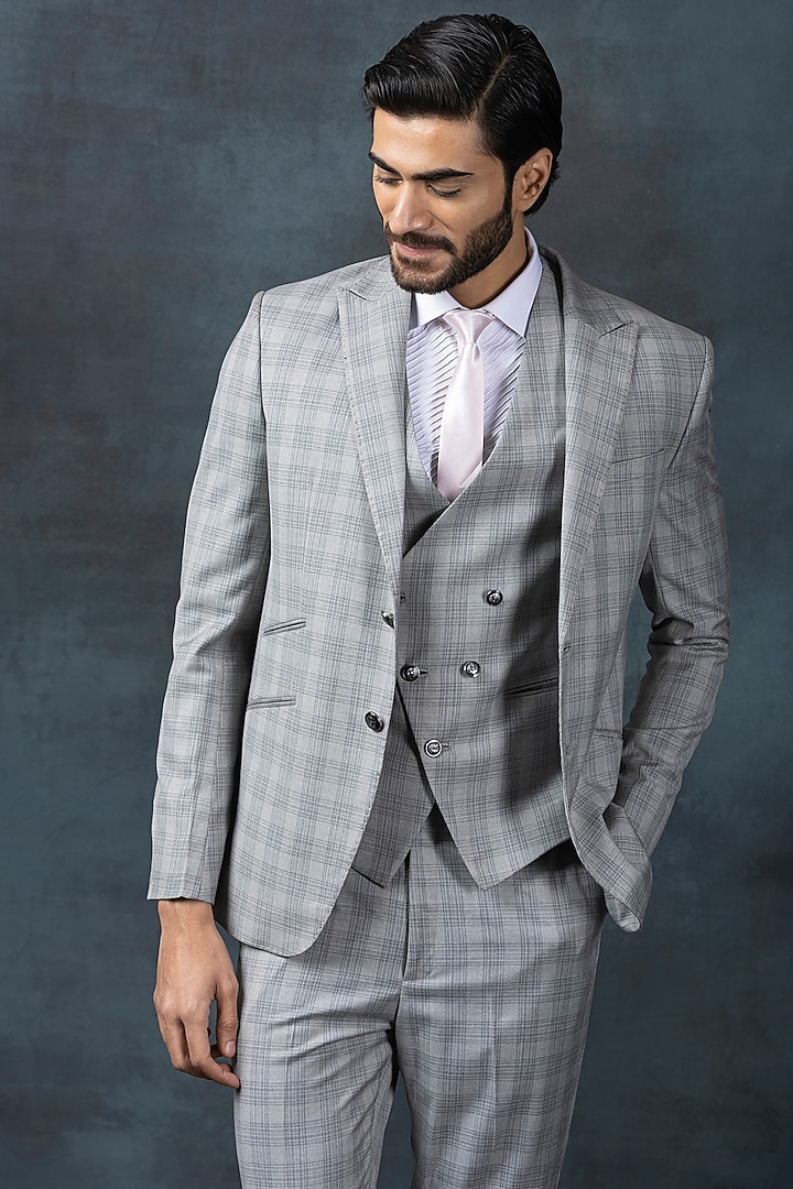 Grey Suiting Fabric Checkered Blazer Set by Sarab Khanijou at Pernia's Pop Up Shop