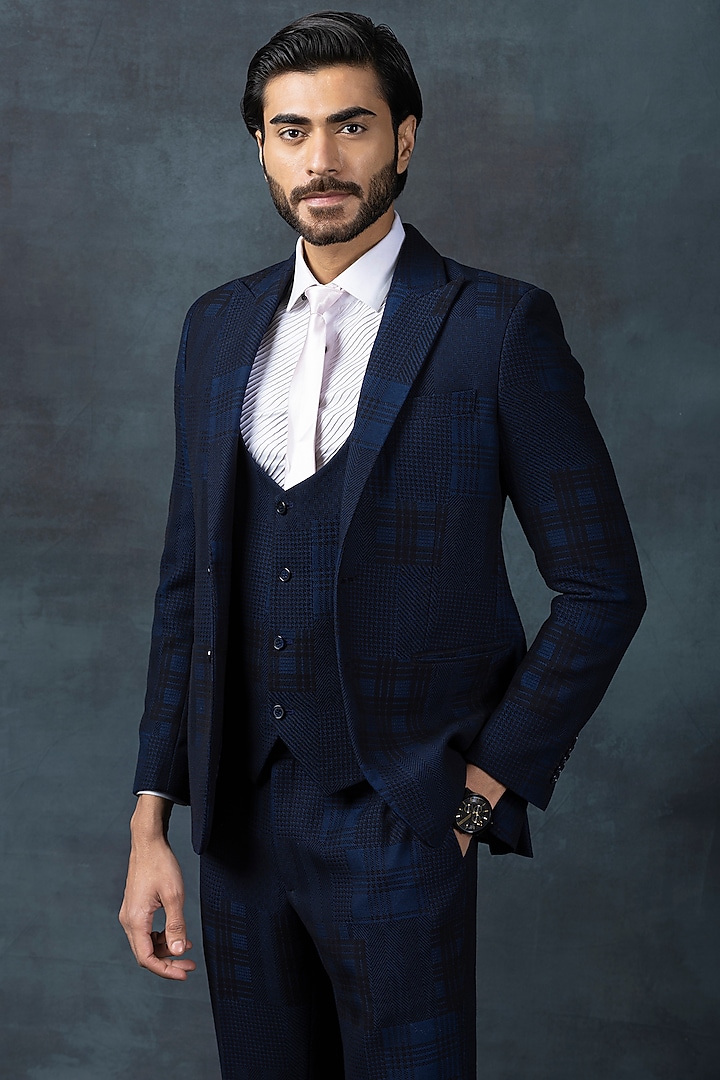 Navy Blue Suiting Fabric Checkered Blazer Set by Sarab Khanijou at Pernia's Pop Up Shop
