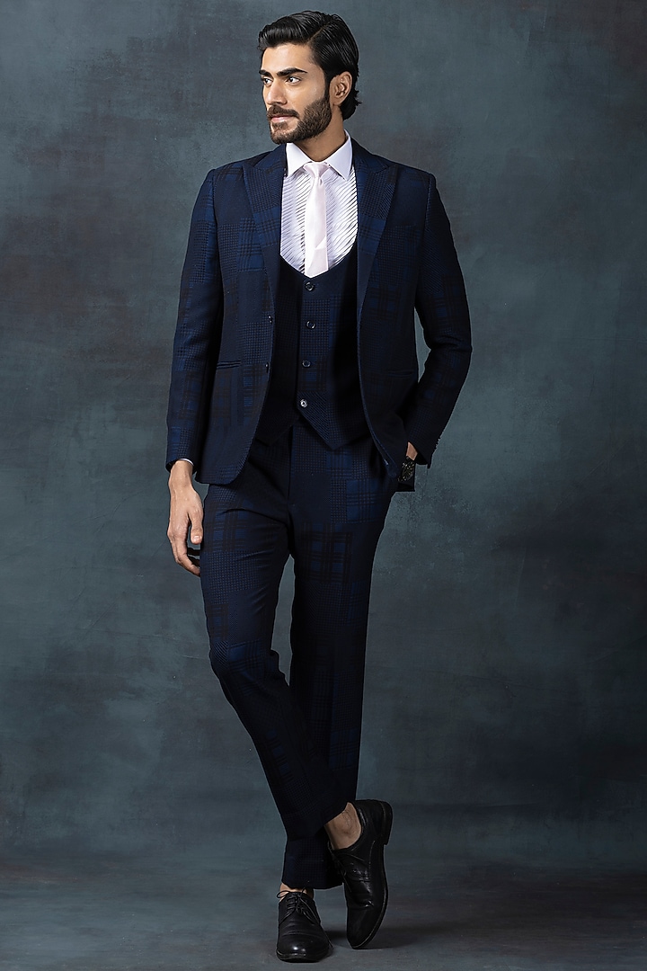 Navy Blue Suiting Fabric Checkered Blazer Set by Sarab Khanijou at Pernia's Pop Up Shop