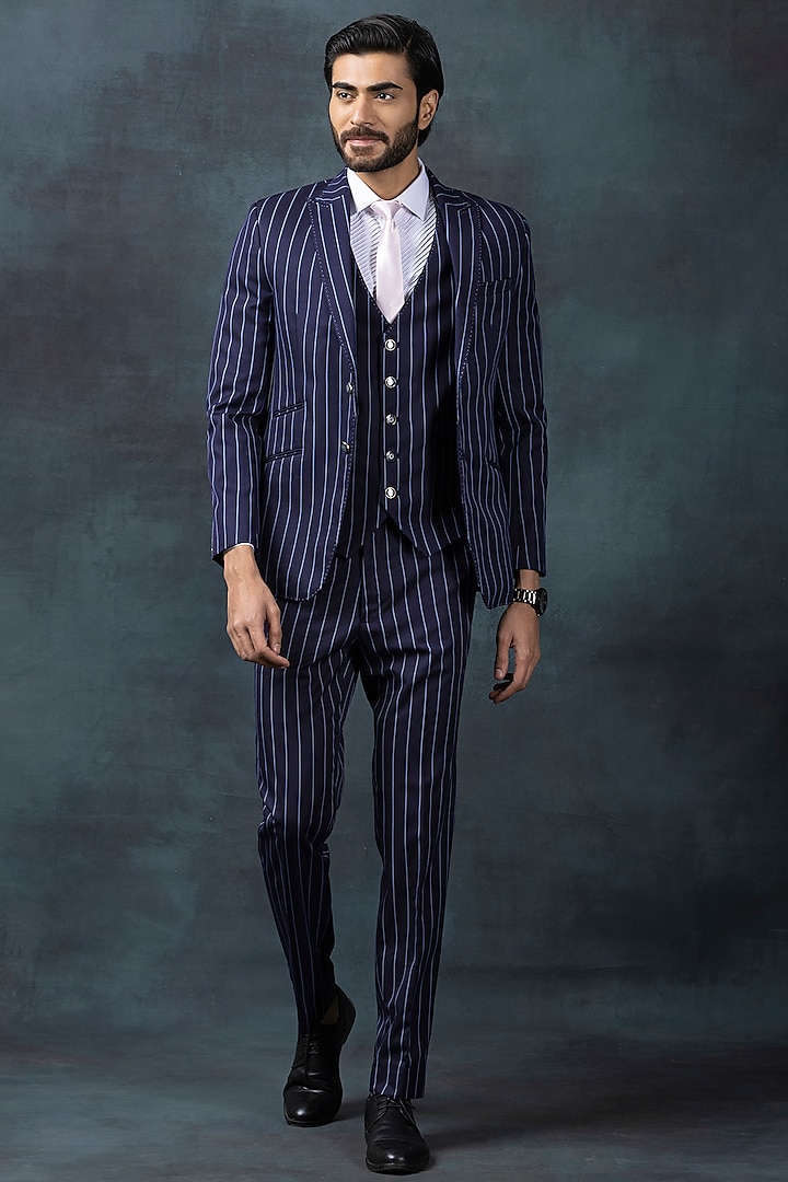 Navy Blue Suiting Fabric Striped Blazer Set by Sarab Khanijou
