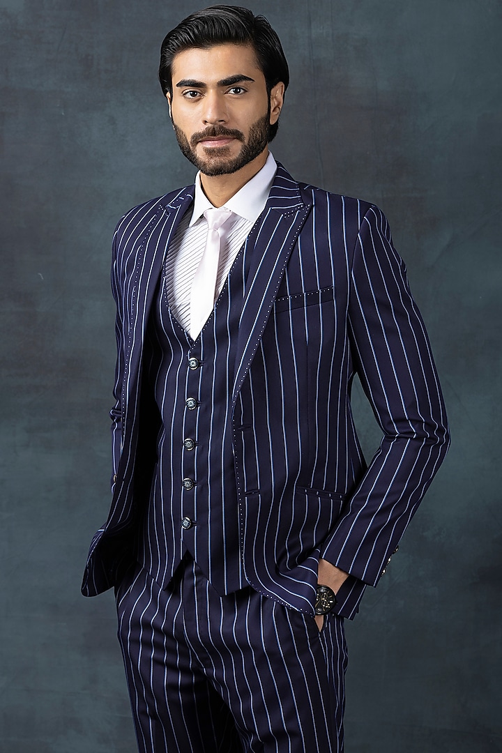 Navy Blue Suiting Fabric Striped Blazer Set by Sarab Khanijou at Pernia's Pop Up Shop