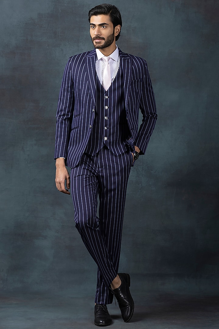 Navy Blue Suiting Fabric Striped Blazer Set by Sarab Khanijou at Pernia's Pop Up Shop