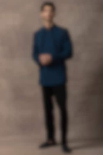 Teal Jersey Wedding Bandhgala Jacket Set by Sarab Khanijou at Pernia's Pop Up Shop