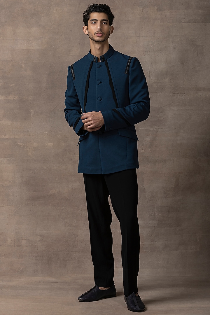 Teal Jersey Wedding Bandhgala Jacket Set by Sarab Khanijou at Pernia's Pop Up Shop