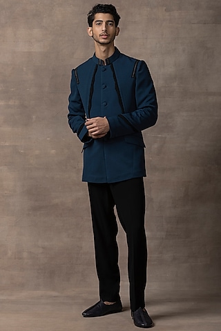 Teal Jersey Bandhgala Jacket Set by Sarab Khanijou