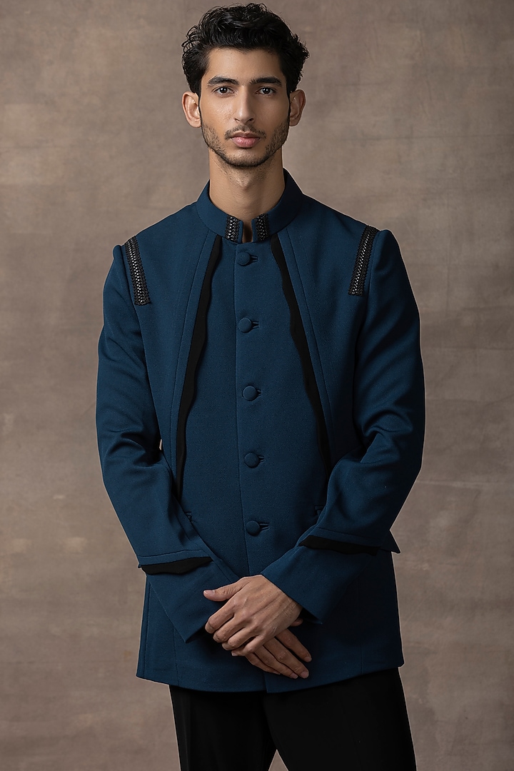 Teal Jersey Wedding Bandhgala Jacket Set by Sarab Khanijou at Pernia's Pop Up Shop