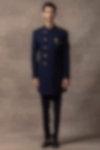 Navy Blue Jacquard Indo-Western Set by Sarab Khanijou at Pernia's Pop Up Shop