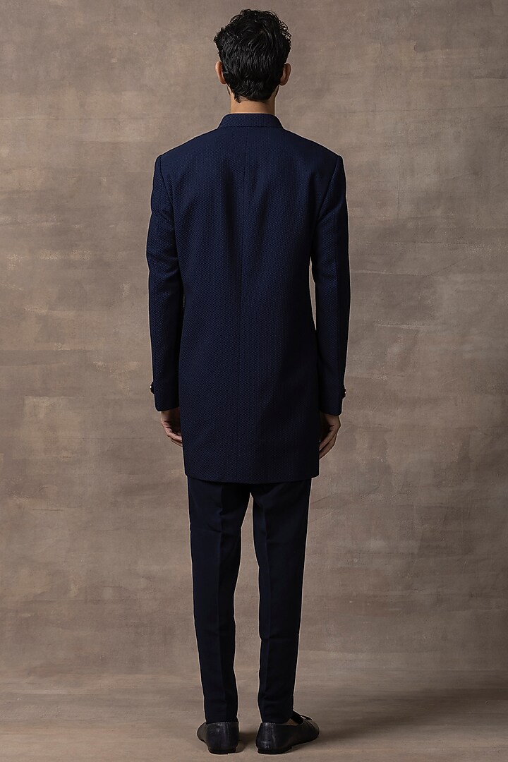 Navy Blue Jacquard Indo-Western Set by Sarab Khanijou at Pernia's Pop Up Shop