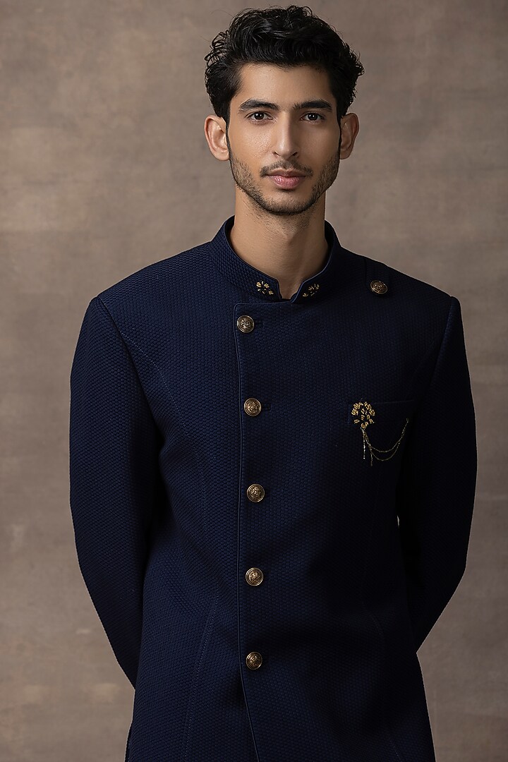 Navy Blue Jacquard Indo-Western Set by Sarab Khanijou at Pernia's Pop Up Shop