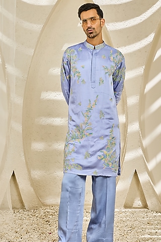 Lilac Chanderi Silk Thread Embroidered Kurta Set by Sarab Khanijou
