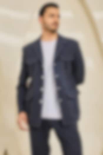 Midnight Blue Textured Twill Shacket Set by Sarab Khanijou at Pernia's Pop Up Shop