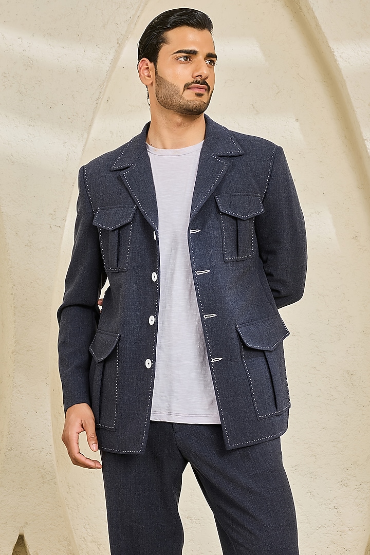 Midnight Blue Textured Twill Shacket Set by Sarab Khanijou at Pernia's Pop Up Shop