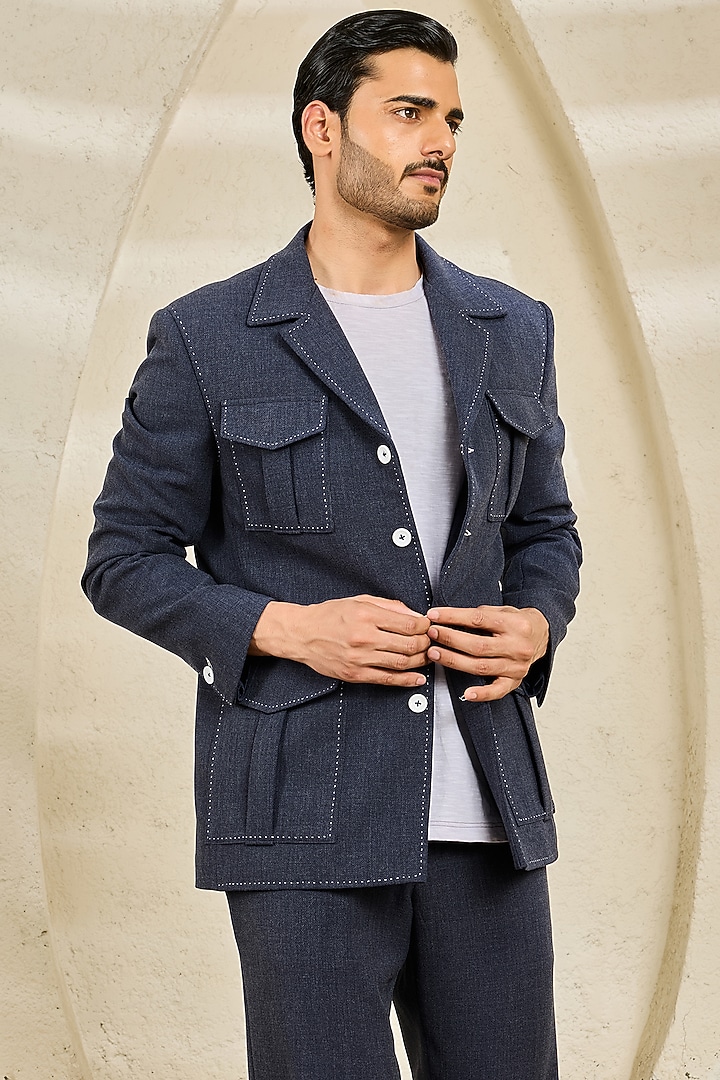 Midnight Blue Textured Twill Shacket Set by Sarab Khanijou at Pernia's Pop Up Shop