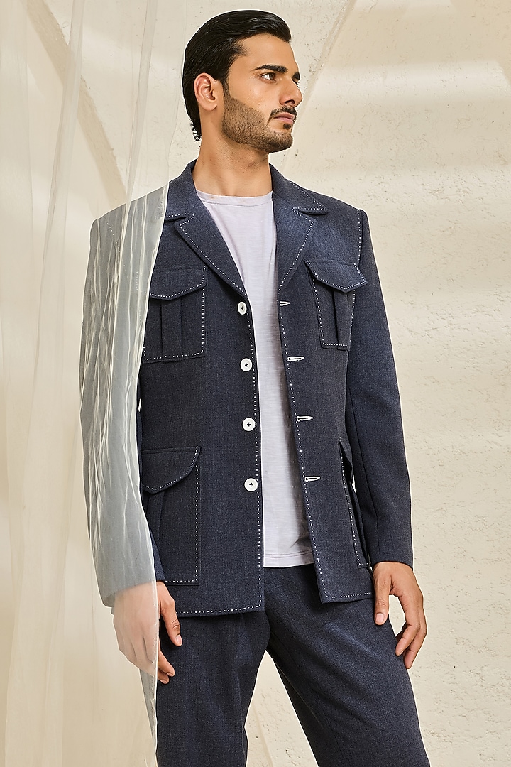 Midnight Blue Textured Twill Shacket Set by Sarab Khanijou at Pernia's Pop Up Shop