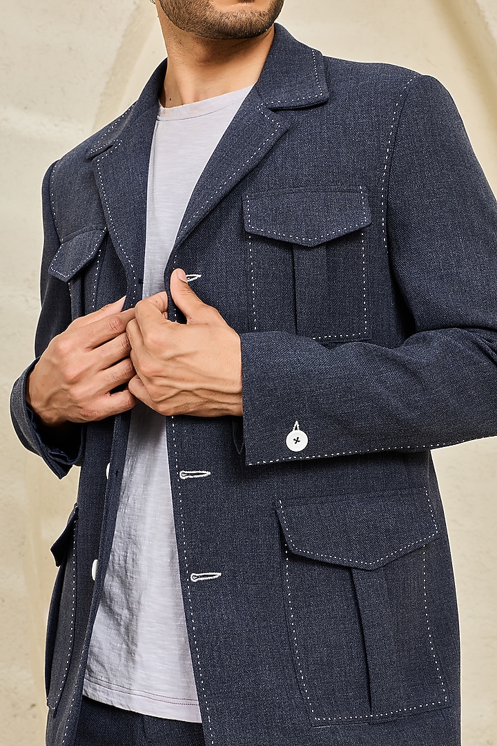 Midnight Blue Textured Twill Shacket Set by Sarab Khanijou at Pernia's Pop Up Shop