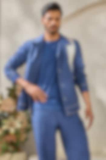Blue Suiting Thread Embroidered Shacket Set by Sarab Khanijou at Pernia's Pop Up Shop