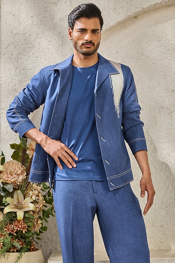 Blue Suiting Thread Embroidered Shacket Set by Sarab Khanijou at Pernia's Pop Up Shop