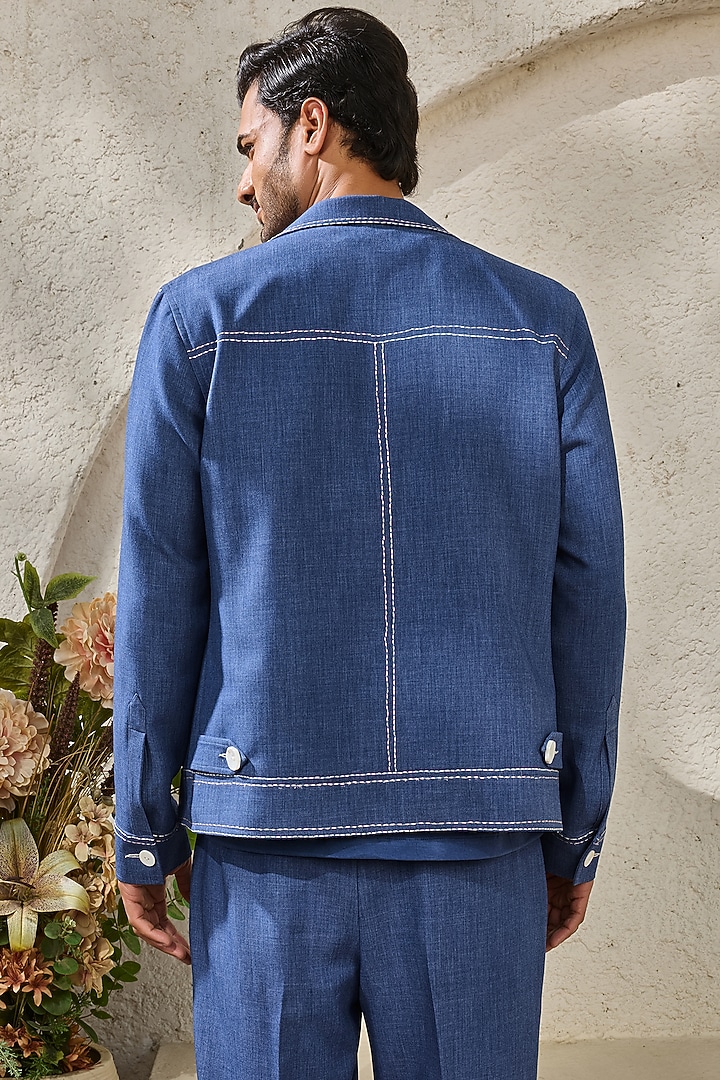 Blue Suiting Thread Embroidered Shacket Set by Sarab Khanijou at Pernia's Pop Up Shop