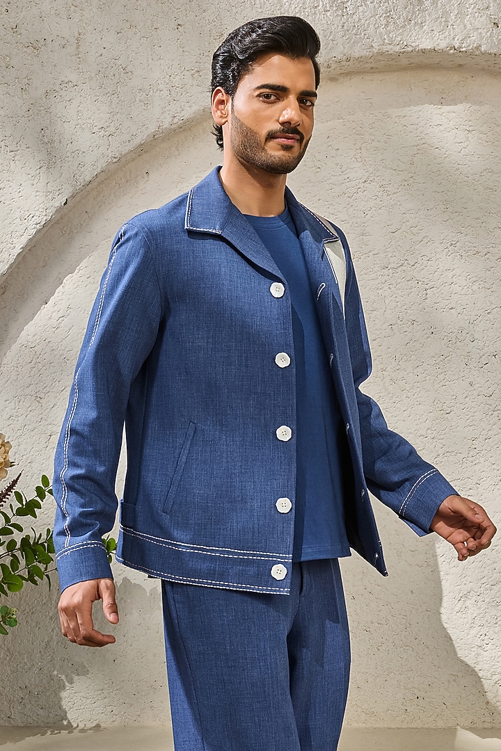Blue Suiting Thread Embroidered Shacket Set by Sarab Khanijou at Pernia's Pop Up Shop