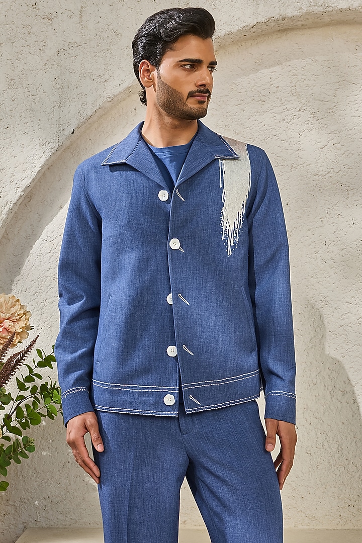 Blue Suiting Thread Embroidered Shacket Set by Sarab Khanijou at Pernia's Pop Up Shop
