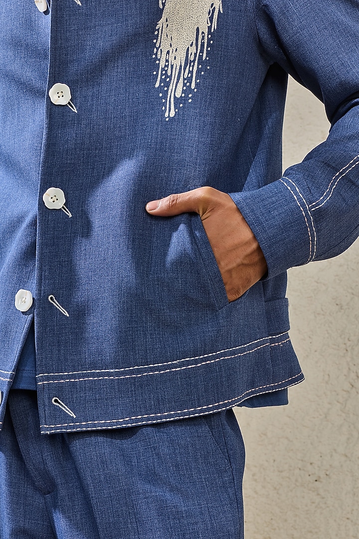 Blue Suiting Thread Embroidered Shacket Set by Sarab Khanijou at Pernia's Pop Up Shop