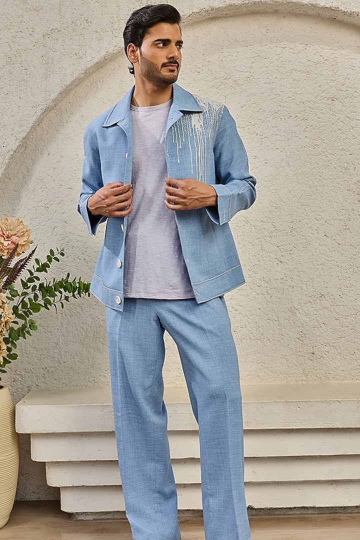Ice Blue Suiting Thread Embroidered Shacket Set by Sarab Khanijou at Pernia's Pop Up Shop