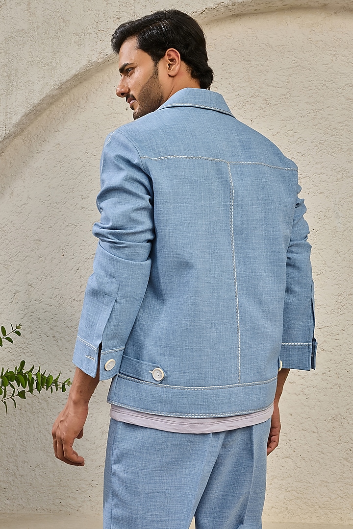 Ice Blue Suiting Thread Embroidered Shacket Set by Sarab Khanijou at Pernia's Pop Up Shop