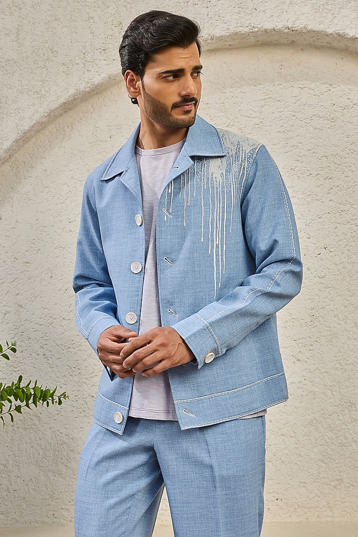 Ice Blue Suiting Thread Embroidered Shacket Set by Sarab Khanijou at Pernia's Pop Up Shop