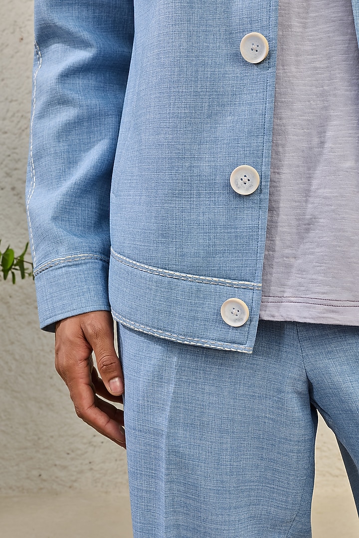 Ice Blue Suiting Thread Embroidered Shacket Set by Sarab Khanijou at Pernia's Pop Up Shop