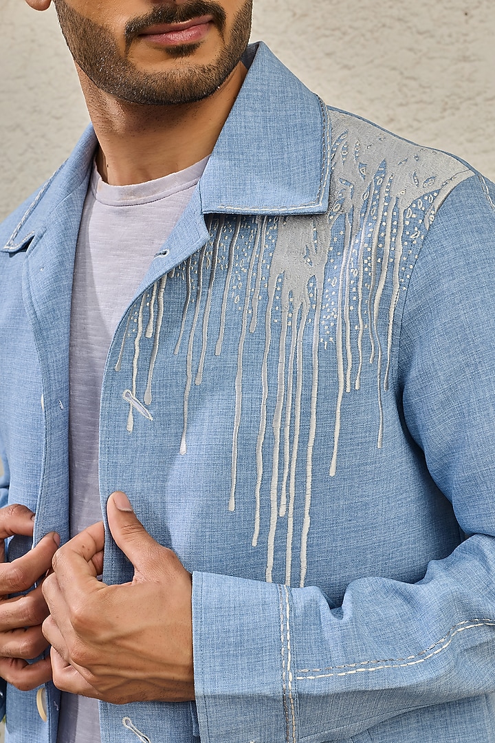 Ice Blue Suiting Thread Embroidered Shacket Set by Sarab Khanijou at Pernia's Pop Up Shop