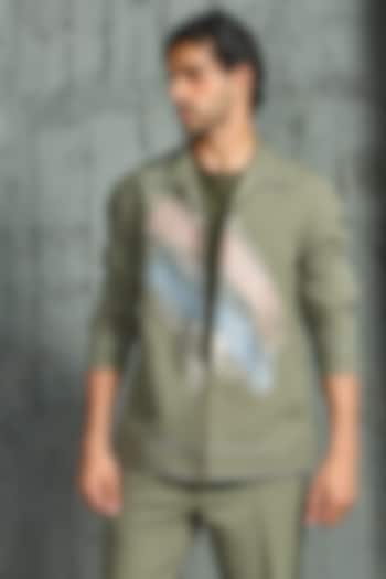 Olive Green Suiting Thread Embroidered Shacket Set by Sarab Khanijou at Pernia's Pop Up Shop