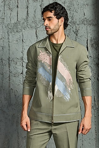 Olive Green Suiting Thread Embroidered Shacket Set by Sarab Khanijou