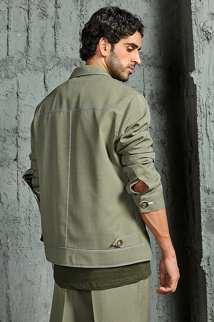 Olive Green Suiting Thread Embroidered Shacket Set by Sarab Khanijou at Pernia's Pop Up Shop