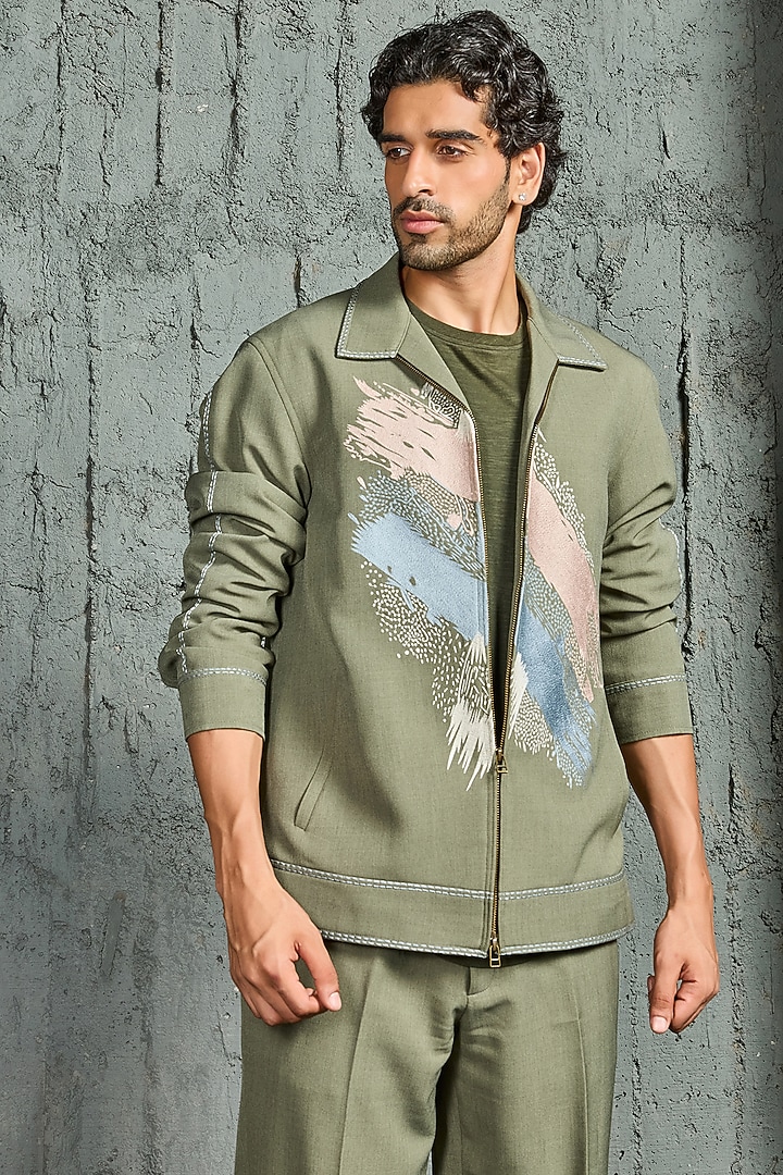 Olive Green Suiting Thread Embroidered Shacket Set by Sarab Khanijou at Pernia's Pop Up Shop