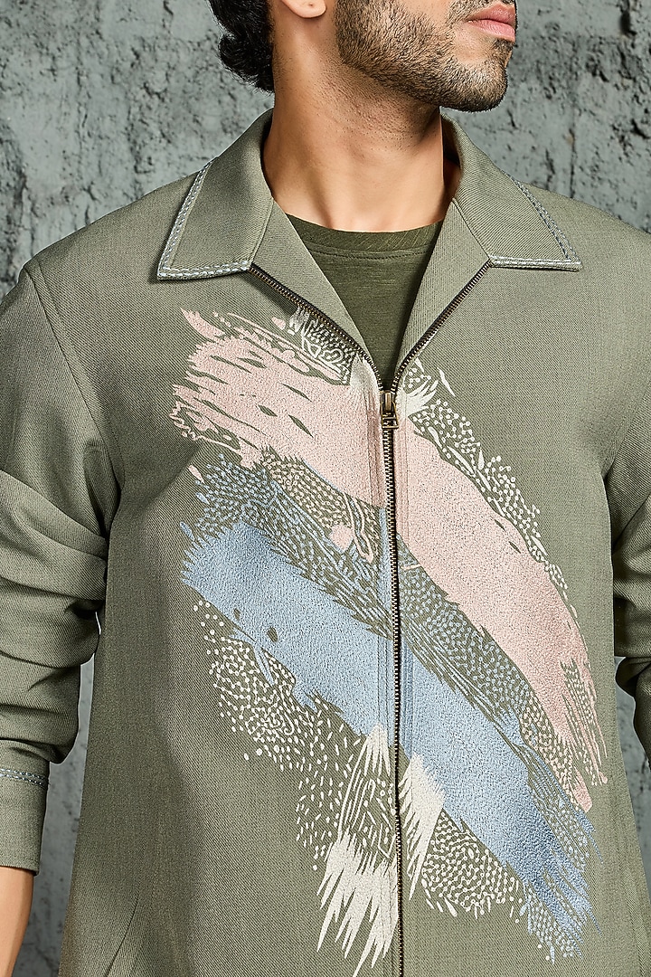 Olive Green Suiting Thread Embroidered Shacket Set by Sarab Khanijou at Pernia's Pop Up Shop