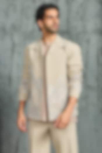 Beige Suiting Thread Embroidered Shacket Set by Sarab Khanijou at Pernia's Pop Up Shop